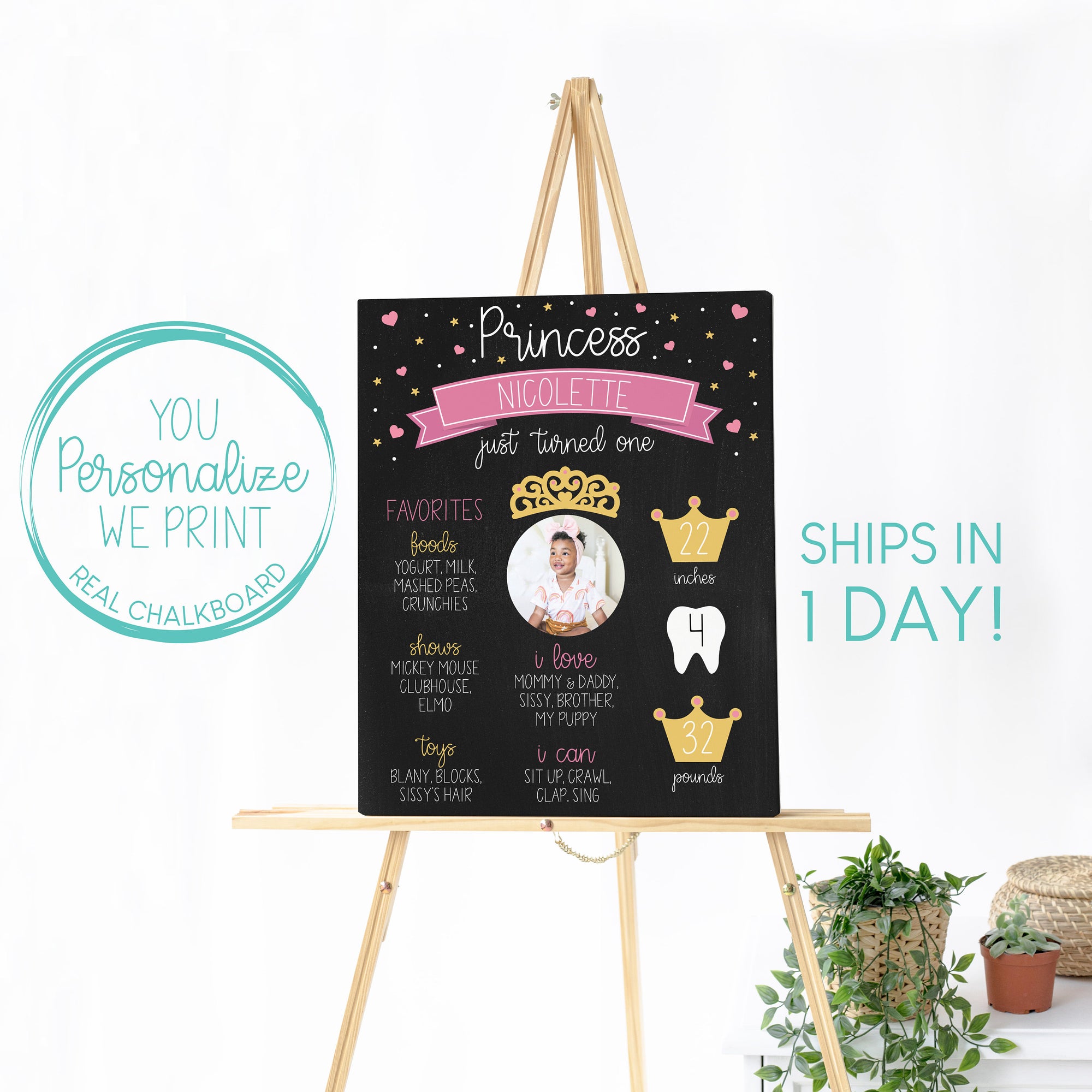 Personalized Princess Birthday Sign, Milestone Chalkboard Sign, Reusable Whiteboard