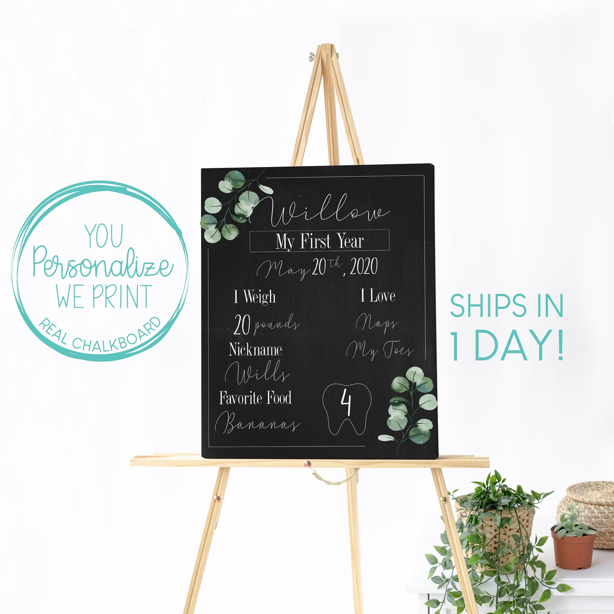 Personalized Botanical Birthday Sign, Reusable Chalkboard For 1st Birthday