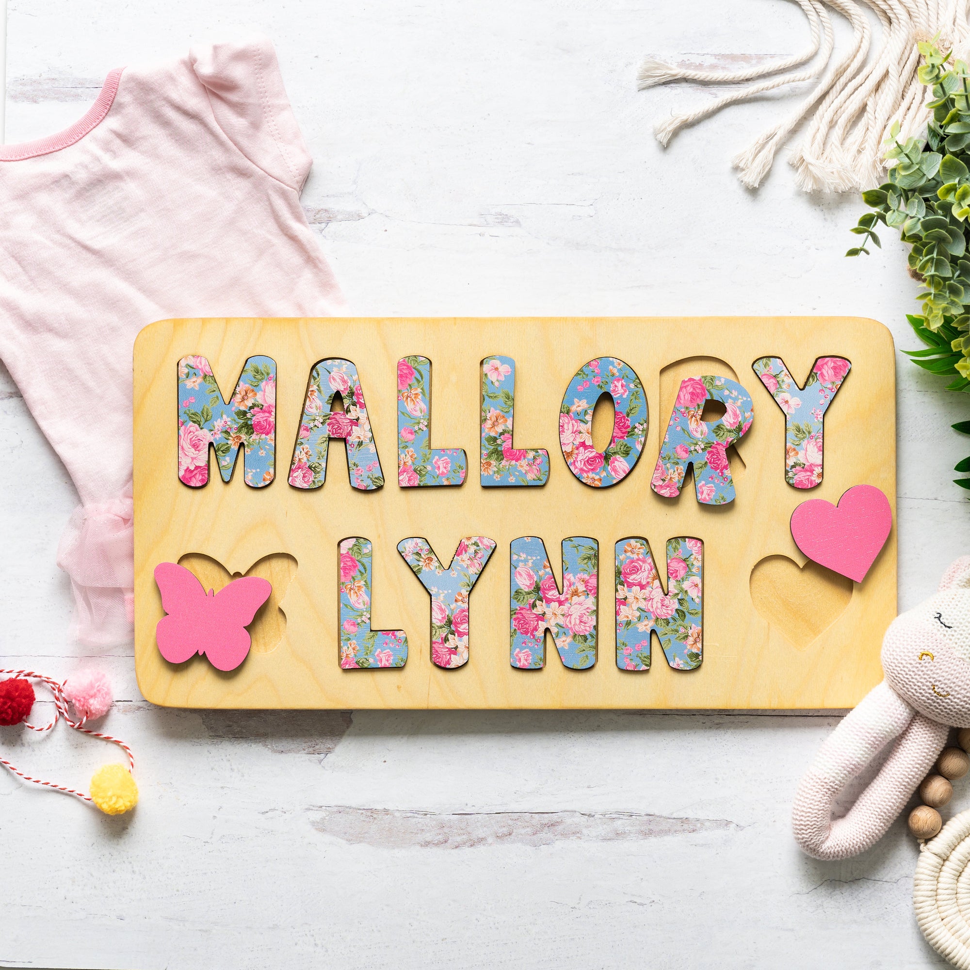 Floral Wooden Name Puzzle, Personalized Gift For Girl, Heart and Butterfly